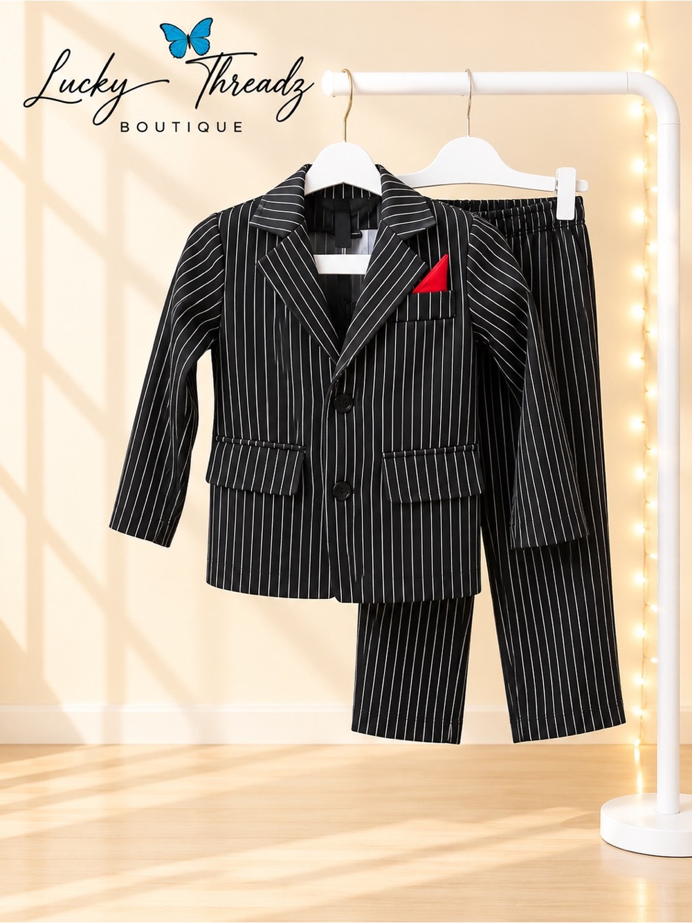 Boys Gangster Costume Medium Black White Pinstripe Suit